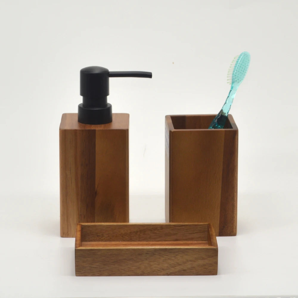 Elegant Acacia Wood Bathroom Accessories Set - Soap Dispenser, Toothbrush Holder, Soap Dish 1