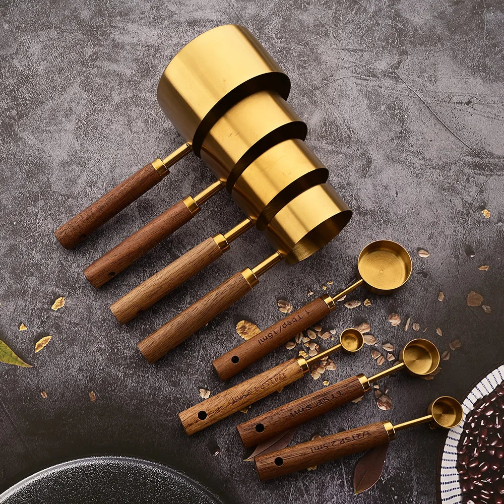 Elegant Gold Wooden Handle Stainless Steel Measuring Cups & Spoons Set 0