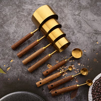 Elegant Gold Wooden Handle Stainless Steel Measuring Cups & Spoons Set 0
