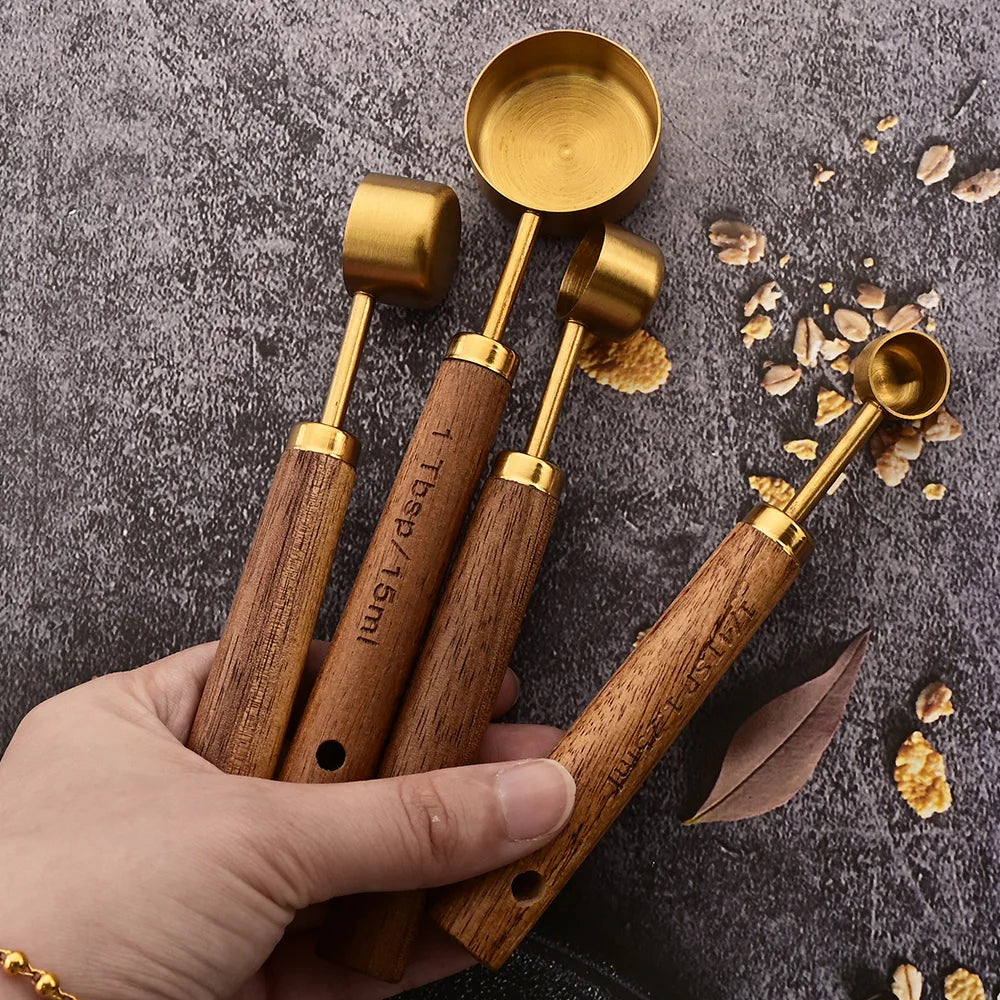 Elegant Gold Wooden Handle Stainless Steel Measuring Cups & Spoons Set 1