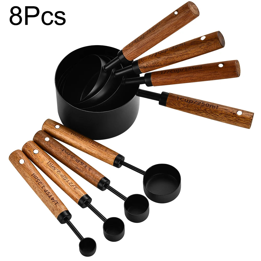 Elegant Gold Wooden Handle Stainless Steel Measuring Cups & Spoons Set 14