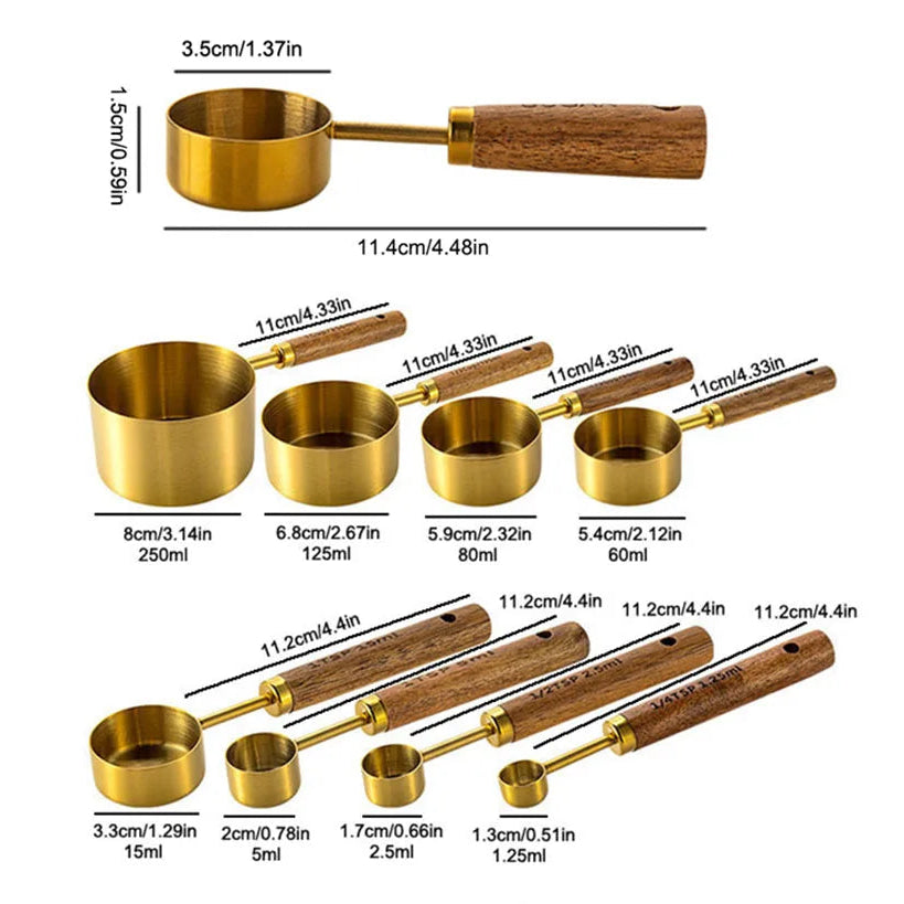 Elegant Gold Wooden Handle Stainless Steel Measuring Cups & Spoons Set 2