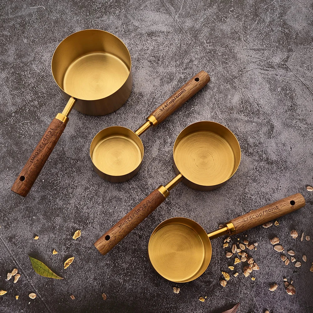 Elegant Gold Wooden Handle Stainless Steel Measuring Cups & Spoons Set 3