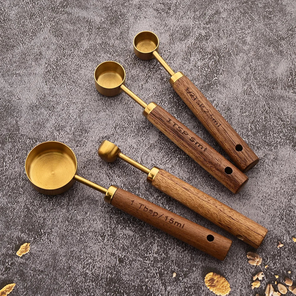 Elegant Gold Wooden Handle Stainless Steel Measuring Cups & Spoons Set 4