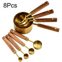 Elegant Gold Wooden Handle Stainless Steel Measuring Cups & Spoons Set 8