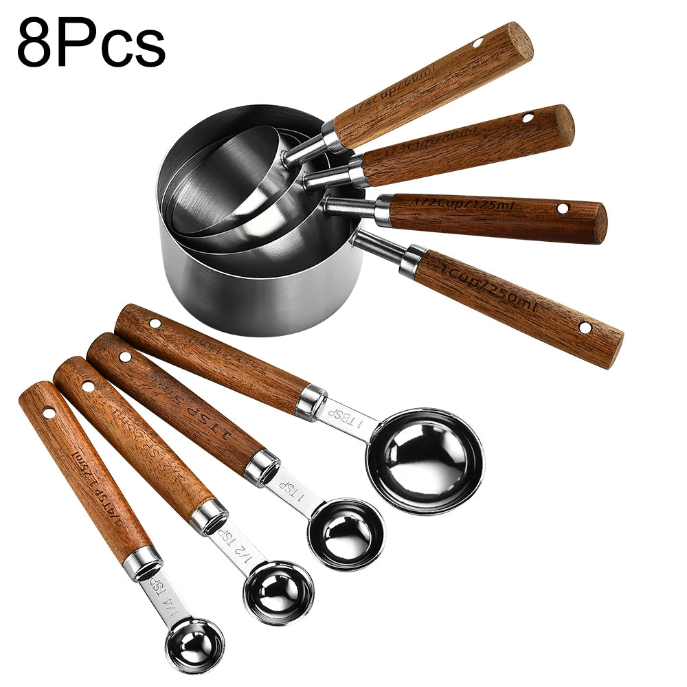 Elegant Gold Wooden Handle Stainless Steel Measuring Cups & Spoons Set 9