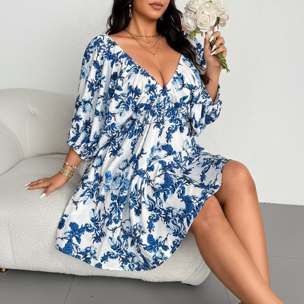 Elegant Plus Size V-Neck Floral Print Maxi Dress for Summer Vacations 0