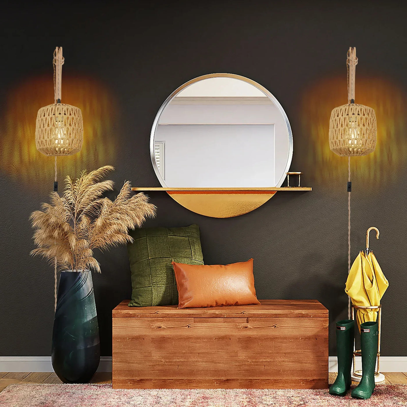 Elegant Rattan Wall Sconce Lighting - Woven E27 Wall Lamp for Bedroom & Living Room 2