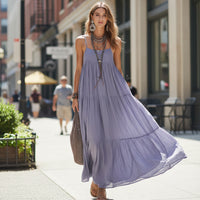 Elegant Retro Bohemian Maxi Dress for Women - Sleeveless Slash Neck Design 4