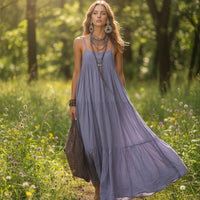 Elegant Retro Bohemian Maxi Dress for Women - Sleeveless Slash Neck Design 6