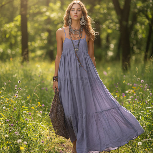Elegant Retro Bohemian Maxi Dress for Women - Sleeveless Slash Neck Design 6