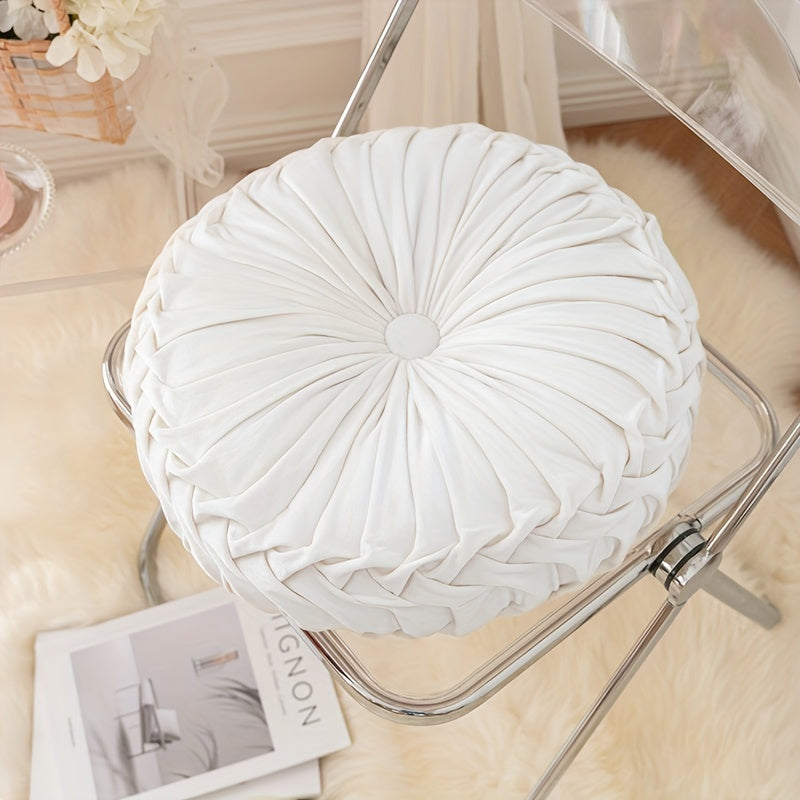 Elegant Round Velvet Cushion - Soft Plush Fabric with Pleated Design & Center Button 0