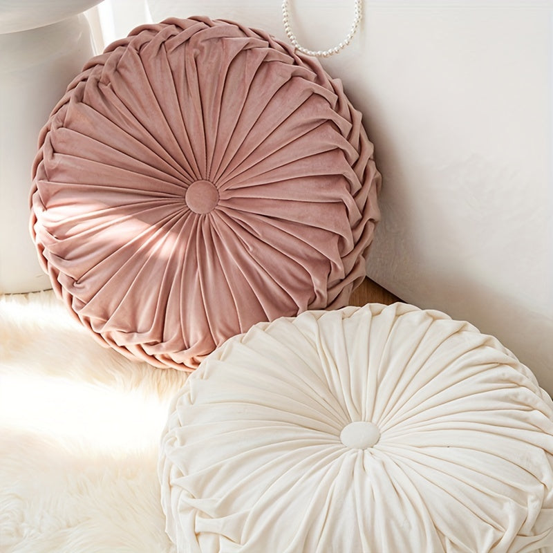 Elegant Round Velvet Cushion - Soft Plush Fabric with Pleated Design & Center Button 1