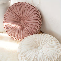 Elegant Round Velvet Cushion - Soft Plush Fabric with Pleated Design & Center Button 1