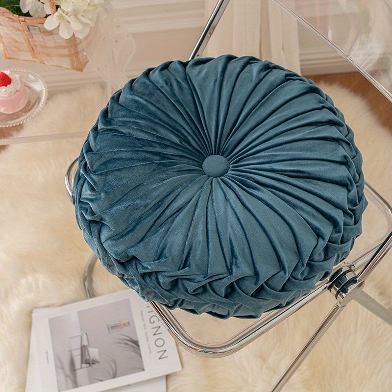 Elegant Round Velvet Cushion - Soft Plush Fabric with Pleated Design & Center Button 10