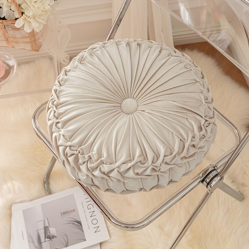 Elegant Round Velvet Cushion - Soft Plush Fabric with Pleated Design & Center Button 11