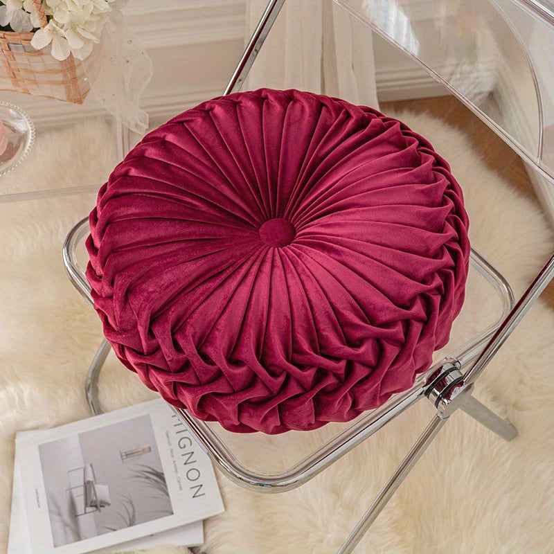 Elegant Round Velvet Cushion - Soft Plush Fabric with Pleated Design & Center Button 12