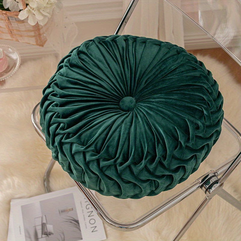 Elegant Round Velvet Cushion - Soft Plush Fabric with Pleated Design & Center Button 13