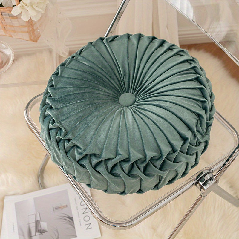 Elegant Round Velvet Cushion - Soft Plush Fabric with Pleated Design & Center Button 14