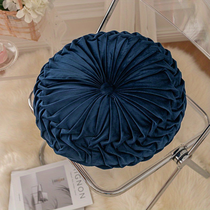 Elegant Round Velvet Cushion - Soft Plush Fabric with Pleated Design & Center Button 15