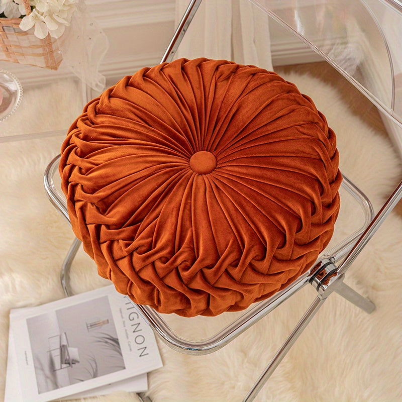 Elegant Round Velvet Cushion - Soft Plush Fabric with Pleated Design & Center Button 16