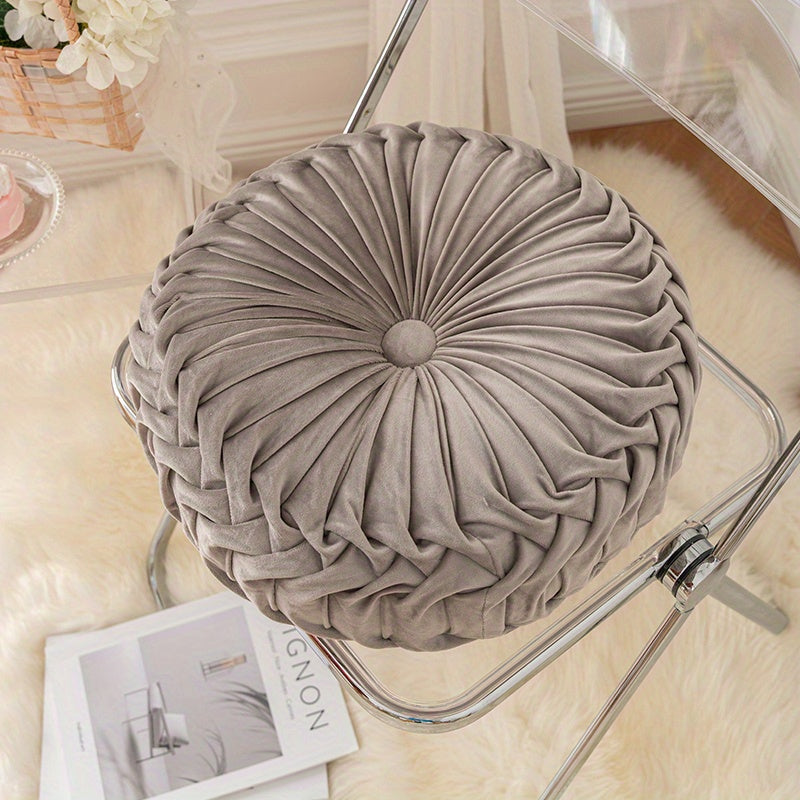 Elegant Round Velvet Cushion - Soft Plush Fabric with Pleated Design & Center Button 17