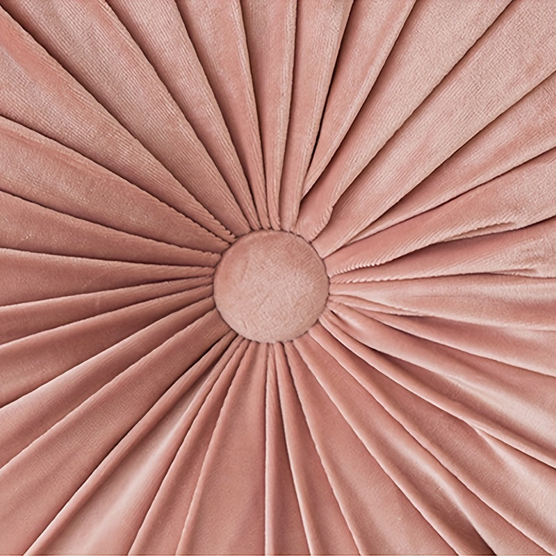 Elegant Round Velvet Cushion - Soft Plush Fabric with Pleated Design & Center Button 4
