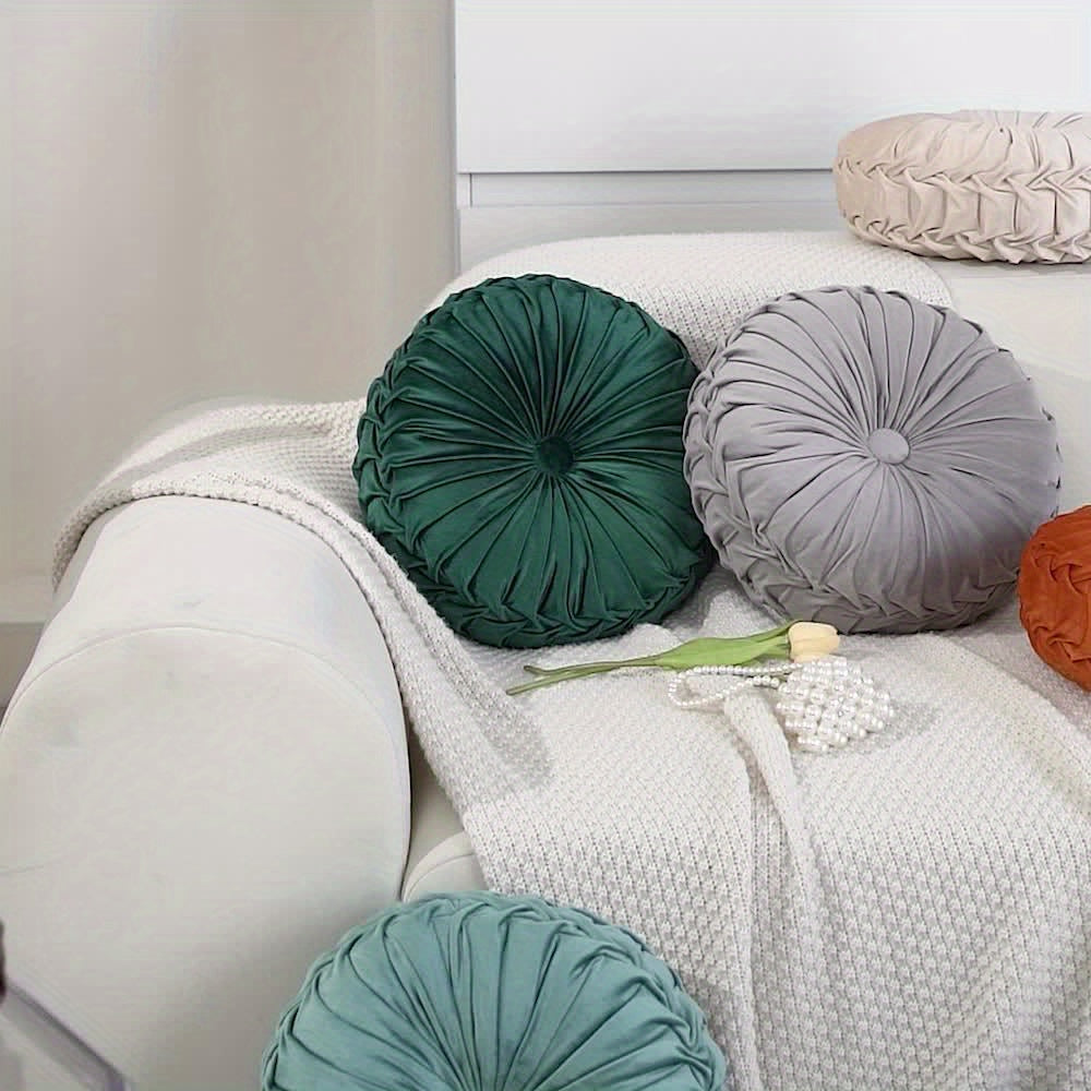 Elegant Round Velvet Cushion - Soft Plush Fabric with Pleated Design & Center Button 7