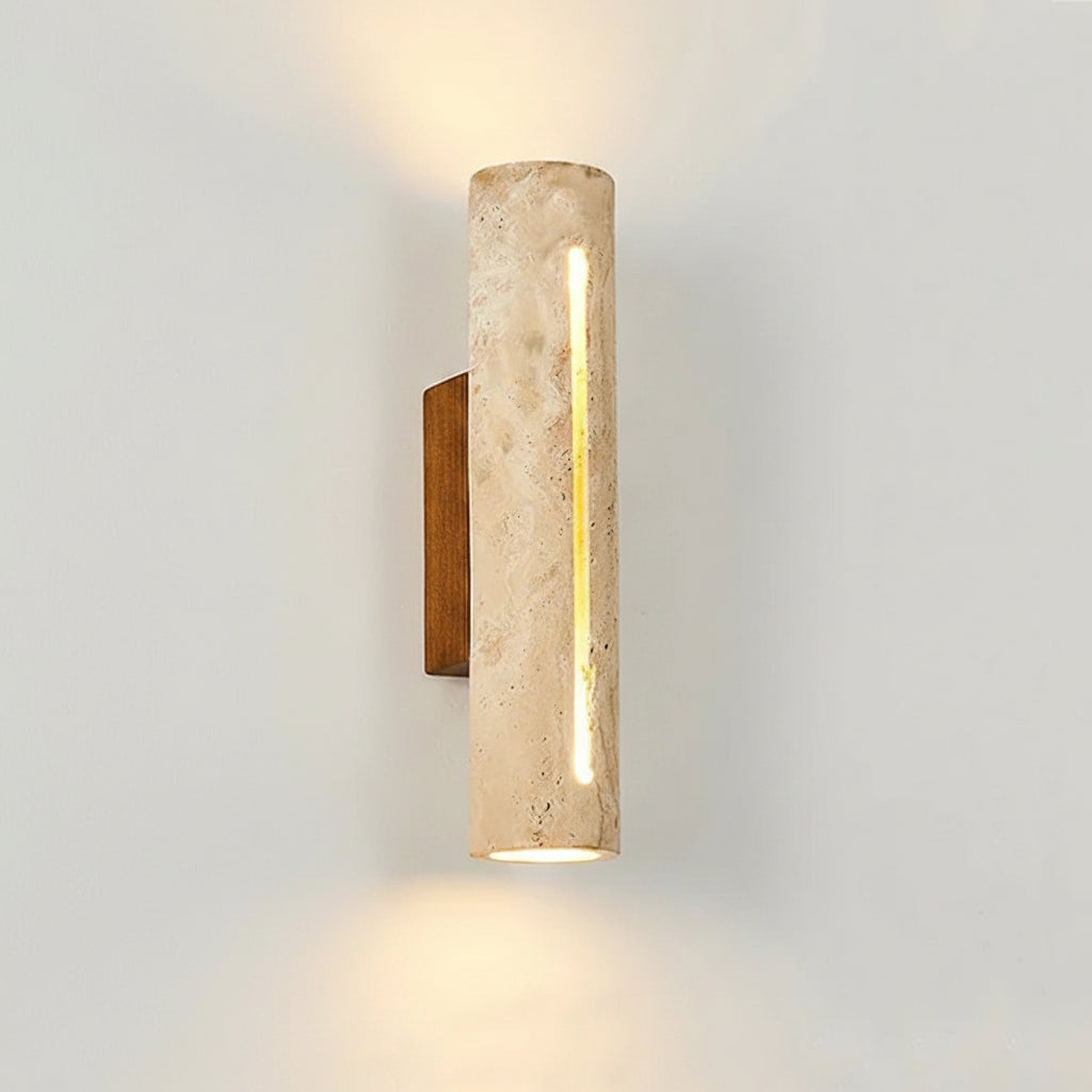 Elegant Travertine Wall Sconce Light - Natural Stone & Wood Wall Lamp for Living Room and Bedroom Decor 0
