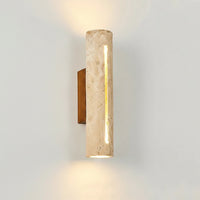 Elegant Travertine Wall Sconce Light - Natural Stone & Wood Wall Lamp for Living Room and Bedroom Decor 0