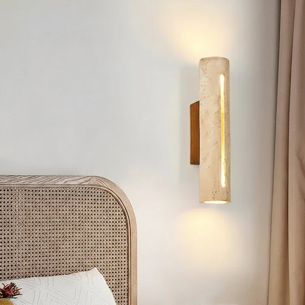 Elegant Travertine Wall Sconce Light - Natural Stone & Wood Wall Lamp for Living Room and Bedroom Decor 1