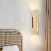 Elegant Travertine Wall Sconce Light - Natural Stone & Wood Wall Lamp for Living Room and Bedroom Decor 1