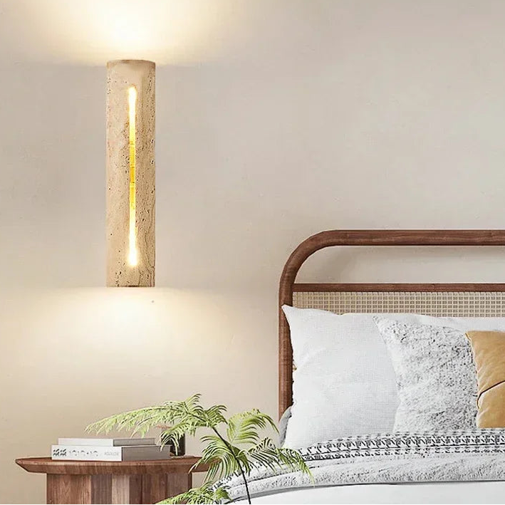 Elegant Travertine Wall Sconce Light - Natural Stone & Wood Wall Lamp for Living Room and Bedroom Decor 2