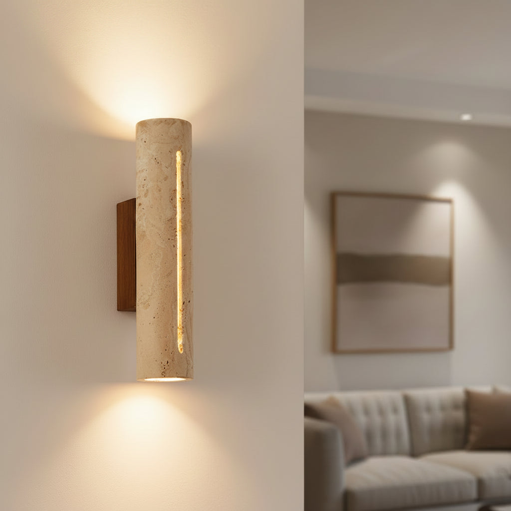 Elegant Travertine Wall Sconce Light - Natural Stone & Wood Wall Lamp for Living Room and Bedroom Decor 3