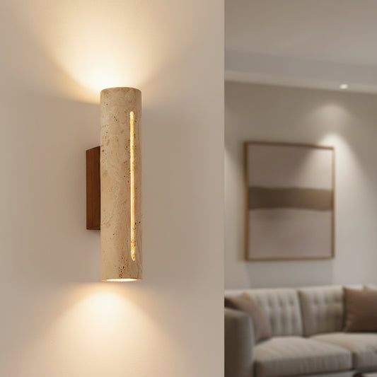Elegant Travertine Wall Sconce Light - Natural Stone & Wood Wall Lamp for Living Room and Bedroom Decor 3