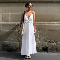 Elegant White Cotton Linen Dress - Deep V Neck & Loose Ruffle Design 0