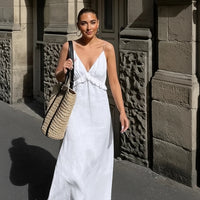 Elegant White Cotton Linen Dress - Deep V Neck & Loose Ruffle Design 1