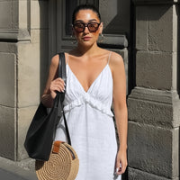 Elegant White Cotton Linen Dress - Deep V Neck & Loose Ruffle Design 2