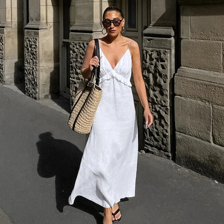 Elegant White Cotton Linen Dress - Deep V Neck & Loose Ruffle Design 5