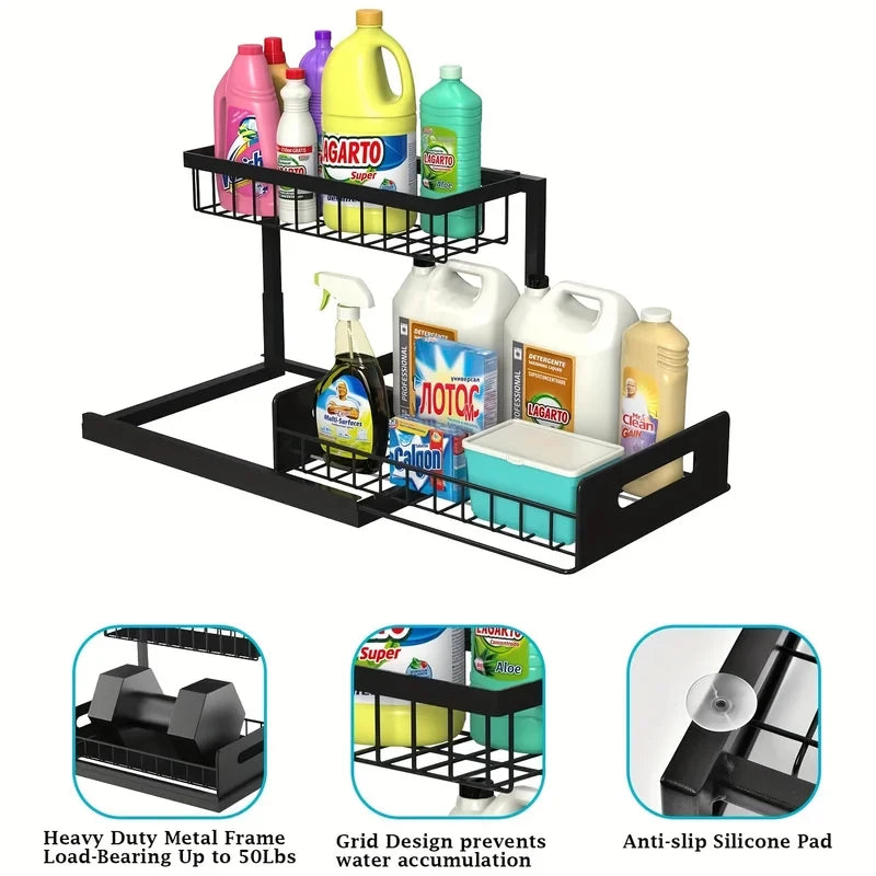 Expandable Double Layer Under Sink Organizer with Pull-Out Baskets - Kitchen & Bathroom Storage Solution 2