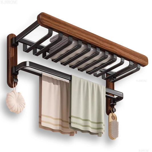 Foldable Walnut Towel Rack with Hooks & Storage Shelf for Bathroom Towel Storage 0