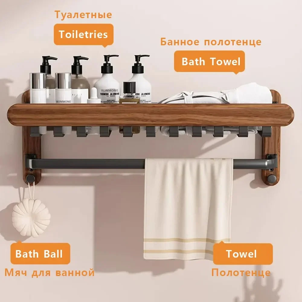 Foldable Walnut Towel Rack with Hooks & Storage Shelf for Bathroom Towel Storage 2