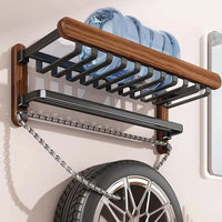 Foldable Walnut Towel Rack with Hooks & Storage Shelf for Bathroom Towel Storage 3