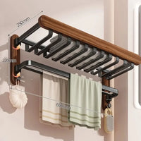Foldable Walnut Towel Rack with Hooks & Storage Shelf for Bathroom Towel Storage 5
