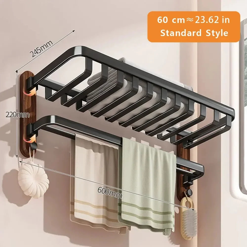 Foldable Walnut Towel Rack with Hooks & Storage Shelf for Bathroom Towel Storage 7