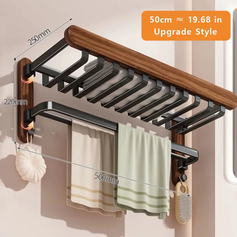 Foldable Walnut Towel Rack with Hooks & Storage Shelf for Bathroom Towel Storage 8