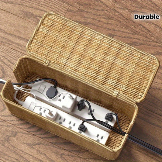Hand-Woven Rattan Cable Organizer Box - Durable Multi-Compartment Cord Management Solution 0