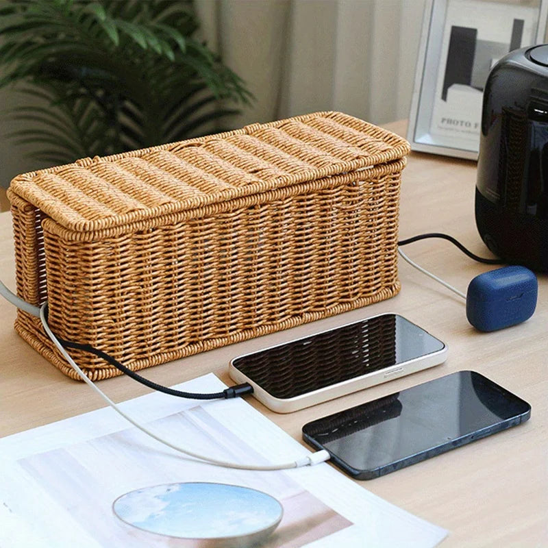 Hand-Woven Rattan Cable Organizer Box - Durable Multi-Compartment Cord Management Solution 1