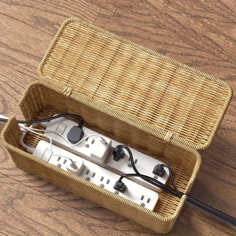 Hand-Woven Rattan Cable Organizer Box - Durable Multi-Compartment Cord Management Solution 2