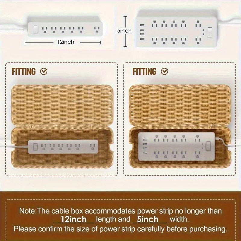 Hand-Woven Rattan Cable Organizer Box - Durable Multi-Compartment Cord Management Solution 3